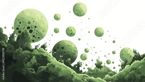 A digital illustration depicts a group of light green spheres of irregular shapes and sizes floating on a white background. The spheres appear porous, almost cell-like.