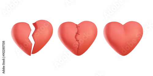Broken hearts vector set of 3d realistic icons and symbols. Broken heart and healed with wound patches and stitches isolated in white background. 3D Vector illustration for website or banner