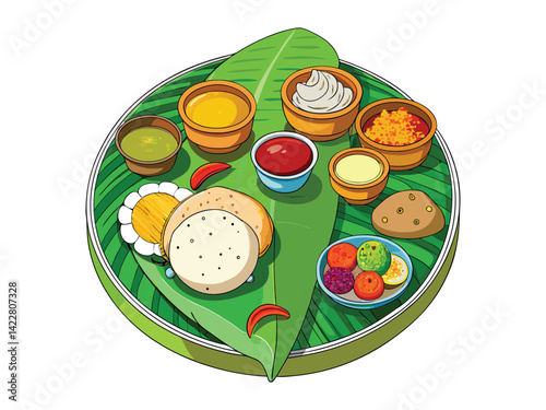 A traditional Indian thali platter. The plate should include colorful dishes like rice, curry, naan bread, and a side of raita. The foods should be neatly arranged on the plate