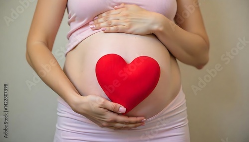 Wallpaper Mural Happy mother expecting a baby. A young pregnant woman with a cute bare belly button holding a red paper heart. Cropped shot, close up. Pregnancy, motherhood, love,created with generative ai Torontodigital.ca