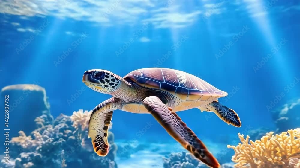 A vibrant sea turtle glides gracefully through crystal-clear water, surrounded by colorful coral and illuminated by sunbeams.