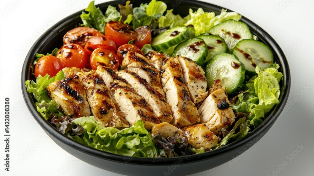 A fresh chicken salad bowl with mixed greens, grilled chicken slices, cherry tomatoes, cucumber, and balsamic dressing. A fresh chicken salad bowl with mixed greens, grilled chicken slices, cherry tomatoes, cucumber, and balsamic dressing.