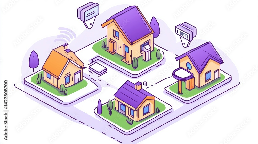 Fototapeta premium Isometric Illustration of a Smart Neighborhood with Colorful Houses and Wireless Technology