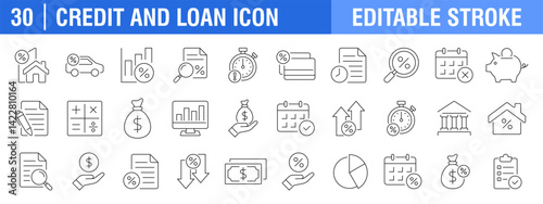 Collection of loan and credit icons. Installment, payment, house, car. Vector design template, signs, symbols, editable stroke.