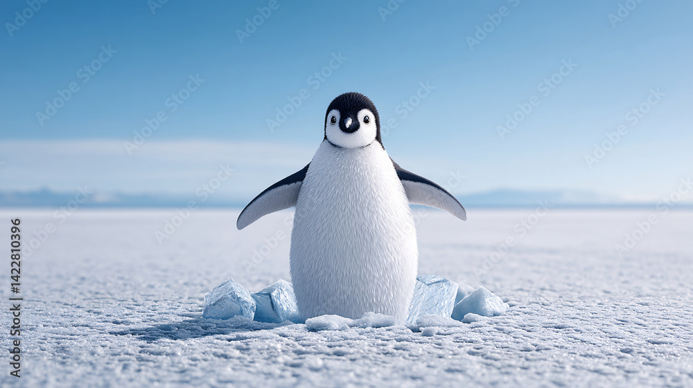 Obraz premium Cute penguin standing on ice, surrounded by shattered ice blocks, showcasing playful and energetic demeanor in bright, icy landscape