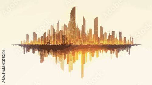 This image presents a stylized, minimalist cityscape rendered in warm golden tones. The skyline is made up of simplified, geometric skyscrapers, lacking intricate detail.