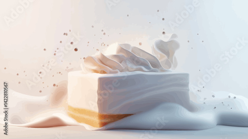 digitally rendered image shows a pure white cube, shaped like a tissue box or similar container, subtly held up by a thin golden ribbon. The cube is enveloped in a soft, fluid material.
