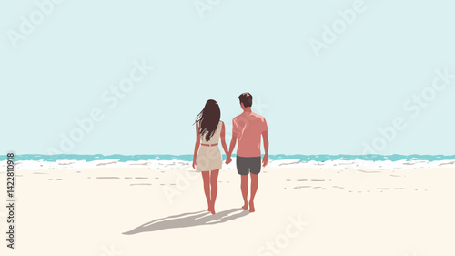 This digital illustration in a minimalist style depicts a couple holding hands, photographed from behind, walking along a beach towards a peaceful sea under a tranquil sky.