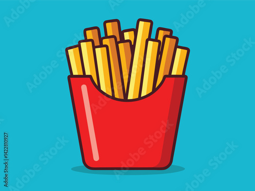 Crispy French Fries in Red Takeout Container with Blue Background. Vector Illustration