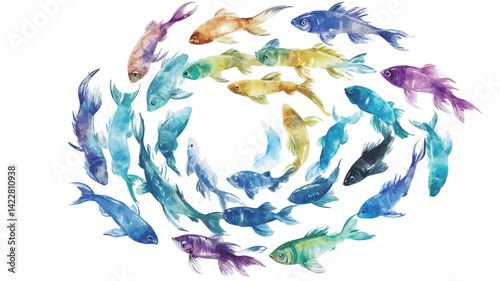 This digital artwork features a dynamic composition of multiple koi fish in a watercolor style. The fish appear in a variety of rich, saturated hues, including blue, purple, orange, and more.