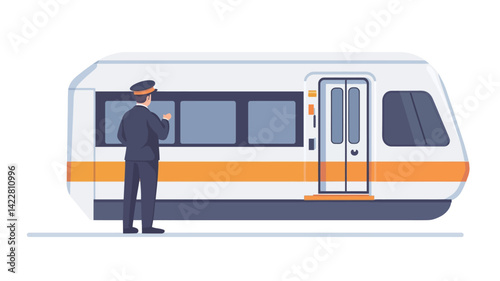 This vector image shows a stylized depiction of a modern commuter train in a flat design style. The train is white with bold horizontal stripes.