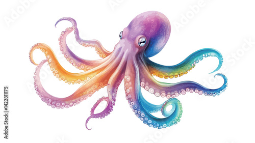 A digitally rendered illustration of an octopus, rendered in vibrant rainbow colors. The octopus is rendered against a solid white background, creating a high-contrast image.