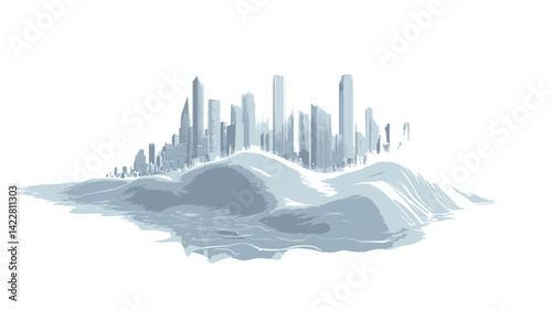 A digital rendering depicts a stylized cityscape sitting atop a fluffy white cloud against a pure white background. The city buildings are dominated by light blue and white tones.