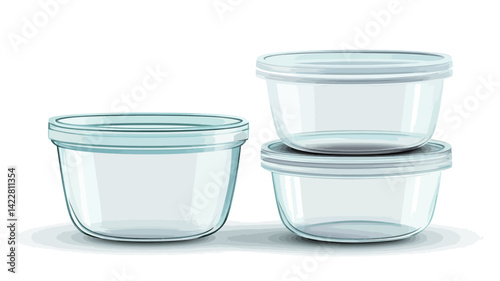 A digitally rendered image showcasing three transparent glass food storage containers with slightly rounded, square bases and opaque white lids. Two containers are stacked, with one container