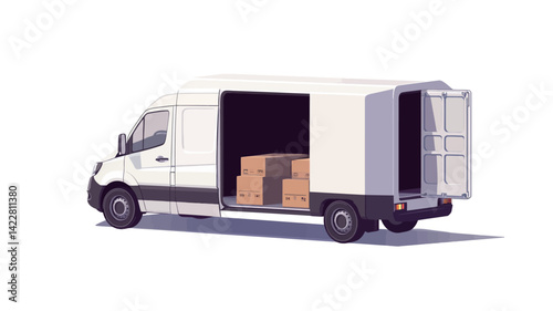 A rear three-quarter view of a white delivery van with its rear doors open, revealing a partial view of several cardboard boxes within the cargo area.  The van is rendered in a low-polygonal style,