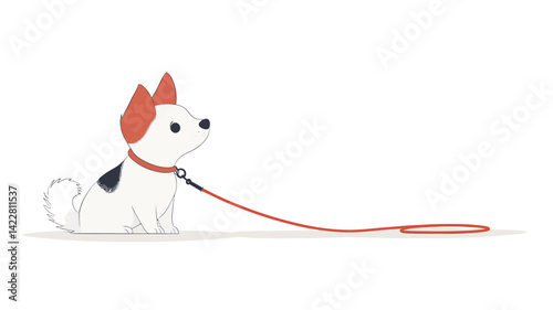 This digital illustration shows a stylized cartoon dog, predominantly white with black markings, sitting on a white ground. The dog is wearing a coral collar and leash.