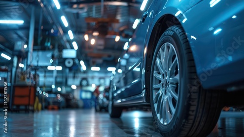 Car with parts being replaced in an auto repair shop. photo