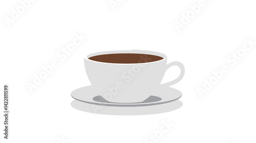 A digital illustration depicts a simple white coffee cup and saucer on a white background. The cup is filled with dark brown coffee, with two thin wisps of steam rising from the sides of the cup.