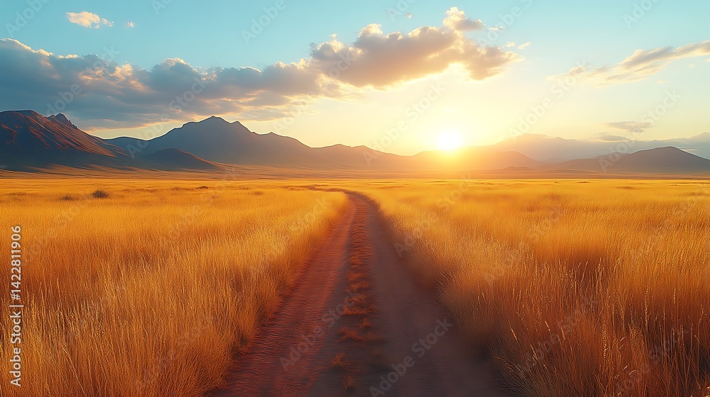 Sunset over golden field with dirt road leading to mountains. Sunset over golden field with dirt road leading to mountains.