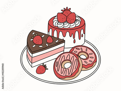 A plate with a variety of desserts, including chocolate cake with strawberries, strawberry cheesecake, a donut with red glaze, a cake with cream and a raspberry, and pink swiss rolls