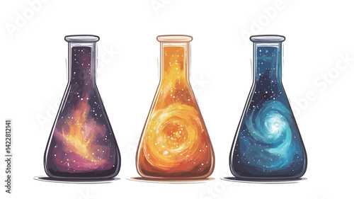 A digital illustration depicts three conical flasks, each filled with energetic, swirling matter. The flask on the left contains a nebulous mixture of purple, pink and orange.