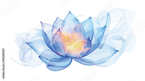 This work shows a stylized blue lotus flower with a translucent, almost watercolor effect. The petals are intricately detailed and emit a soft, diffused light.
