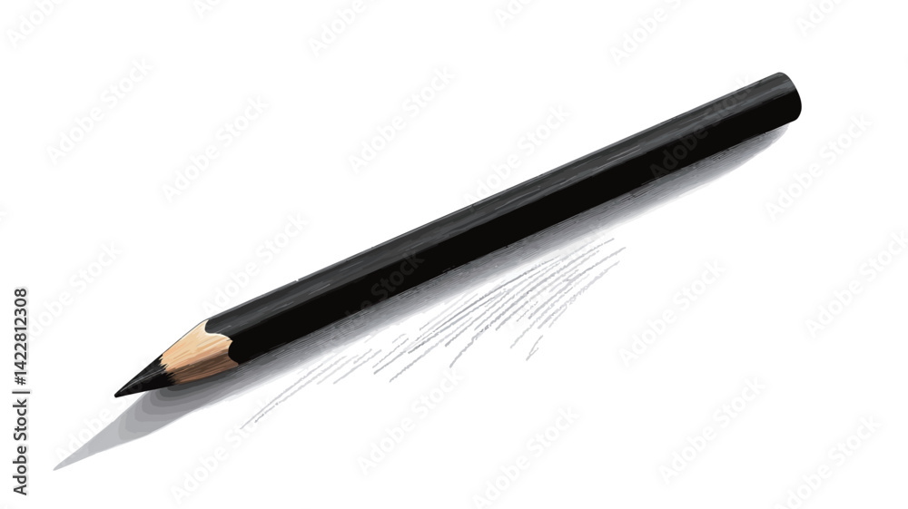 high angle close-up of a black graphite pencil placed diagonally on a pristine white background. The pencil is in sharp focus, showing the smooth, matte black cylindrical body. high angle close-up of a black graphite pencil placed diagonally on a pristine white background. The pencil is in sharp focus, showing the smooth, matte black cylindrical body.