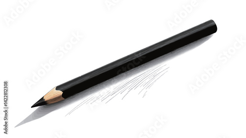 high angle close-up of a black graphite pencil placed diagonally on a pristine white background. The pencil is in sharp focus, showing the smooth, matte black cylindrical body.