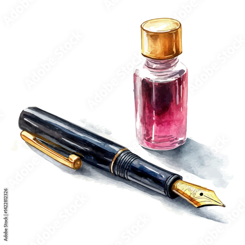 watercolor of Classic Fountain Pen With Ink Bottle, vector, isolated on a white background.