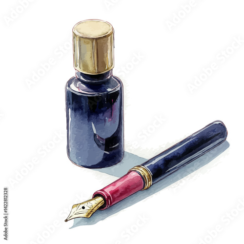 illustration of Classic Fountain Pen With Ink Bottle, watercolor vector, isolated on a white background.