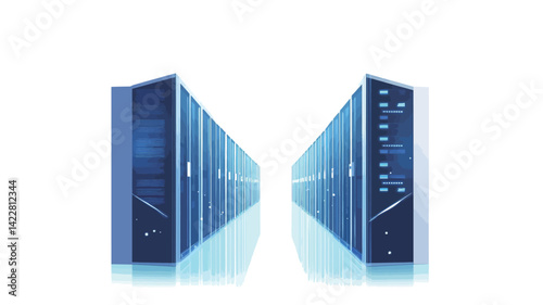 This image shows a perspective view of a server room. Rows of dark blue server racks taper toward a bright, nearly white vanishing point in the center, creating a strong sense of depth and linearity.