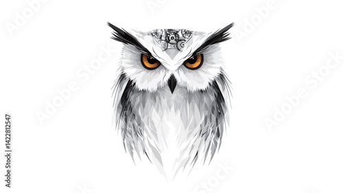 Close-up digital illustration of a Snowy Owl against a pure white background. The owl is shown in grayscale with slight variations in the shading of its feathers to create texture and depth.