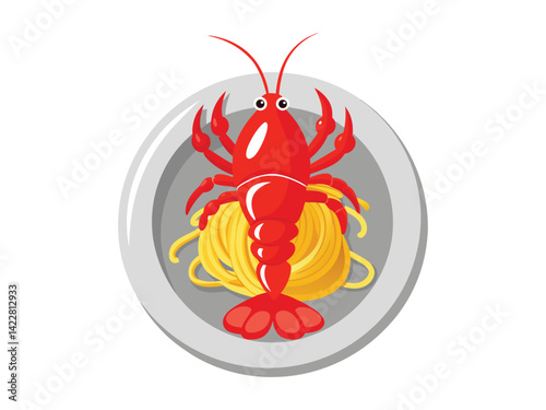 A red lobster on top of a plate of spaghetti with ham, top view, in a gray plate, white background