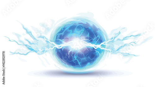A digitally rendered image depicts a glowing spherical ball of energy. The ball is primarily blue, with a vibrant white core radiating outward. The image shows a complex branching discharge.