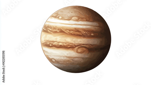 A high-resolution digital image of Jupiter showing its distinctive atmospheric bands in shades of brown, beige and white