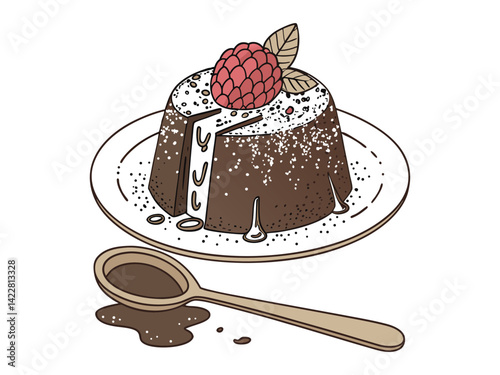 Chocolate volcano cake with a raspberry on top, powdered sugar, a white plate and a wooden spoon on a white background