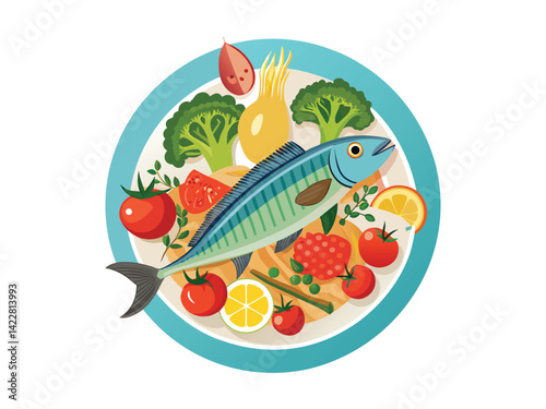 A mackerel on top of a plate with broccoli, mushrooms, tomatoes, asparagus, shrimp and pasta with sausage slices, on a white background