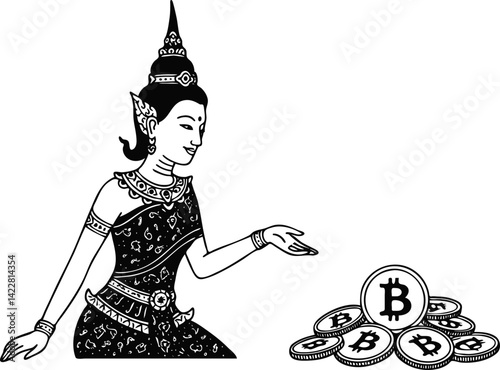 Thai Lady Presenting a Pile of Bitcoins