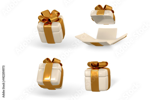 3d gift box with golden bow plastic box with shadow vector illustration