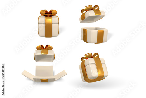 3d gift box with golden bow plastic box with shadow vector illustration