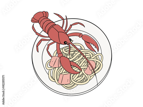 A red lobster on top of a plate of spaghetti with ham, top view, in a gray plate, white background