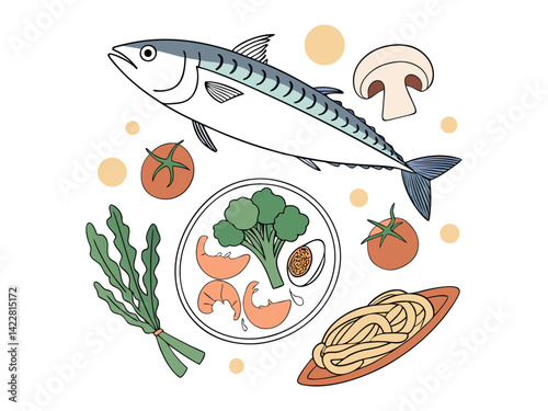 A mackerel on top of a plate with broccoli, mushrooms, tomatoes, asparagus, shrimp and pasta with sausage slices, on a white background