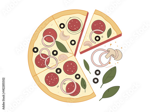 A pizza with pepperoni, onion rings, mushrooms, ham cubes, black olives and basil leaves on a yellow dough with a white background