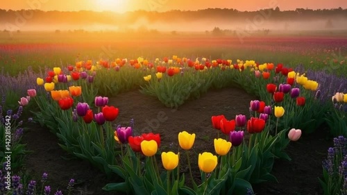 “A dreamy heart-shaped flower field at sunrise with colorful tulips and lavender, morning mist, soft golden light, romantic nature scene, cinematic atmosphere, 4K.”