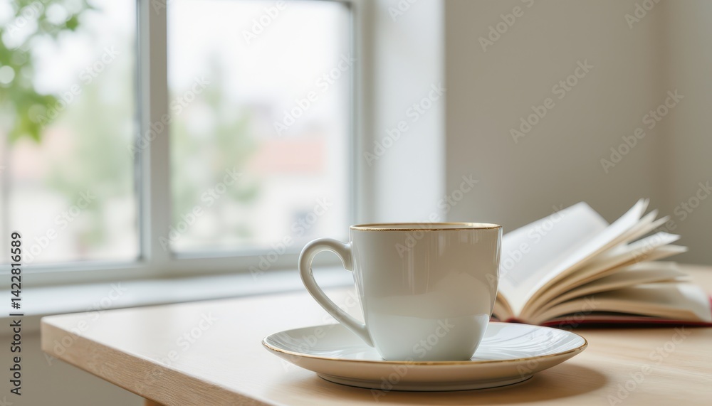 Cozy japandi reading corner with coffee minimalist home still life natural light tranquil atmosphere Cozy japandi reading corner with coffee minimalist home still life natural light tranquil atmosphere