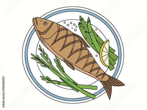A brown grilled fish with grill marks, served with green asparagus on a white plate with blue stripes, food illustration