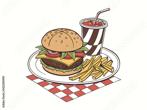 A burger with lettuce, tomato, cheese, bacon and onion on a checkered plate, with a soda and fries on a white background