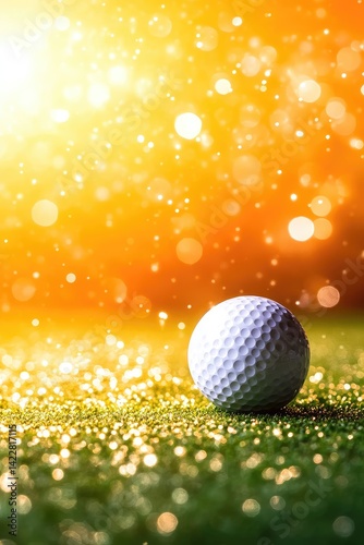 White Golf Ball on Glittering Green Grass with Bokeh Lights and Golden Sun Flare Effect