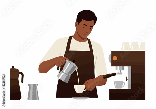 A Barista Pouring Coffee from a Moka Pot into a Small Pitcher