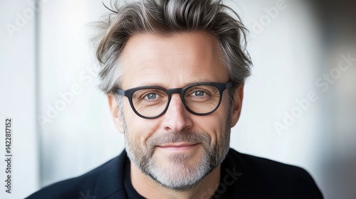 Confident middle-aged businessman with glasses and grey hair smiling in a bright office setting.